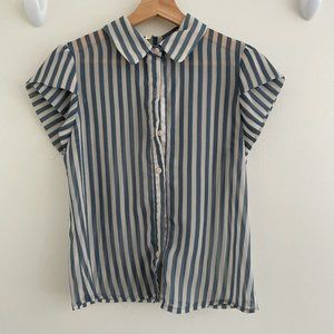 Blue and White Striped Women Chiffon Shirt XS